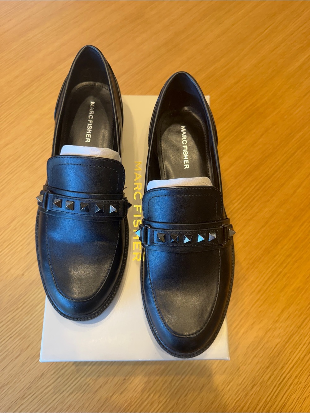 Marc Fisher Black Leather Studded Penny Loafers